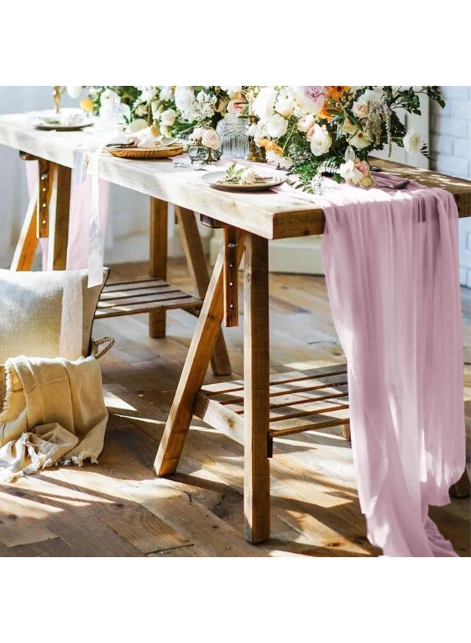 ليانغ مو ليوان 300*90CM مفرش مائدة شفاف، مفرش طاولة شفاف، مفرش مائدة شيشي لحفلات الزفاف، مفرش طاولة شاش بوهو، ديكور ريفي شفاف للمائدة 90*300 سم وردي - Image 1